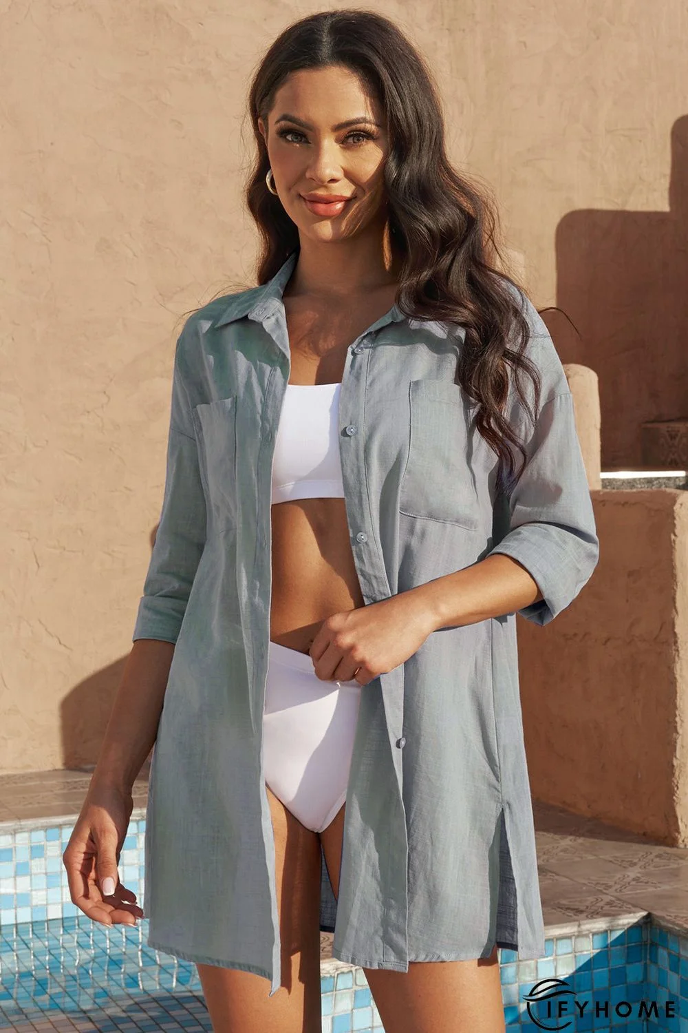 Gray Lightweight Shirt Style Beach Cover Up | IFYHOME