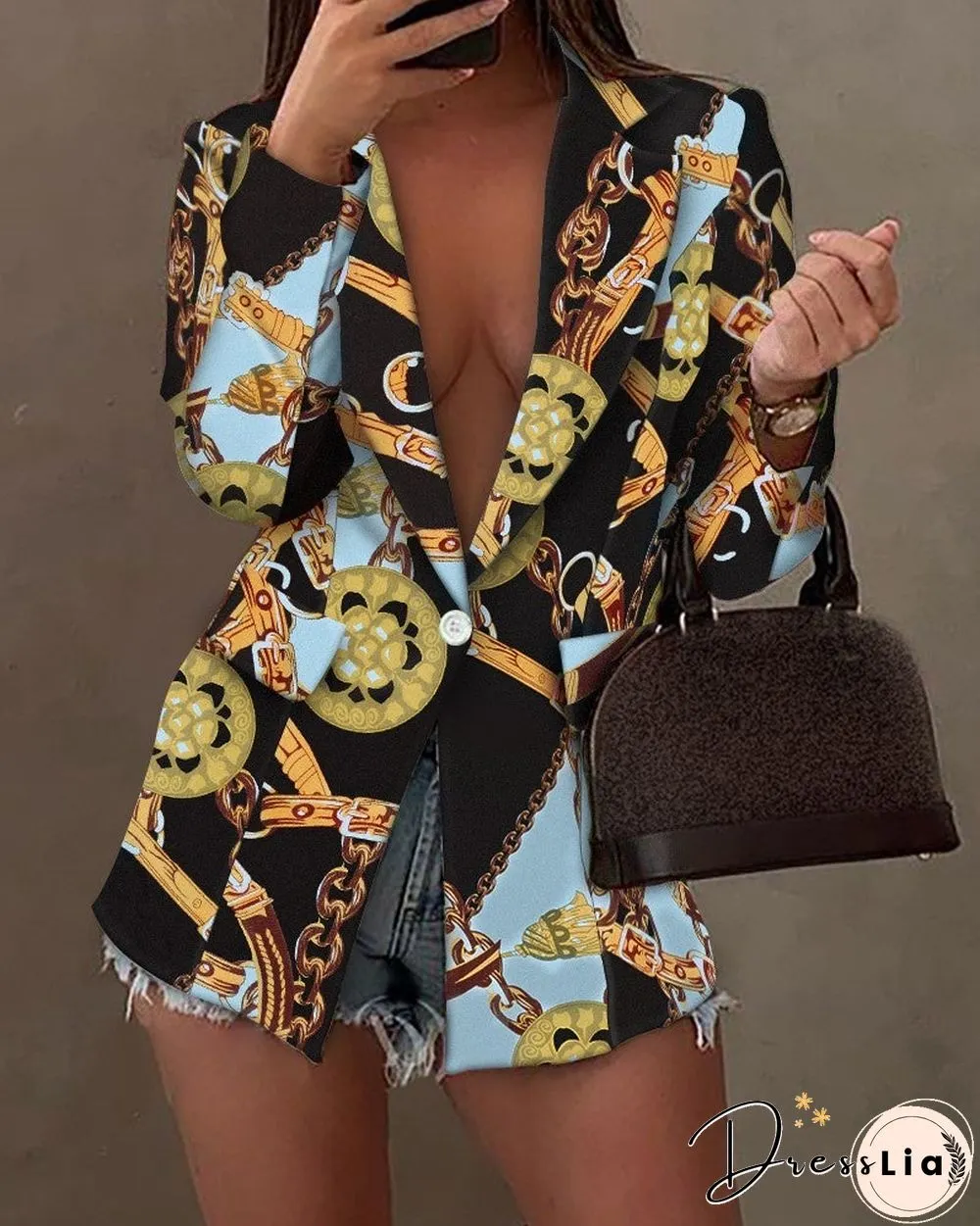 Chain Scarf Print Lapel Collar Single Button Blazer