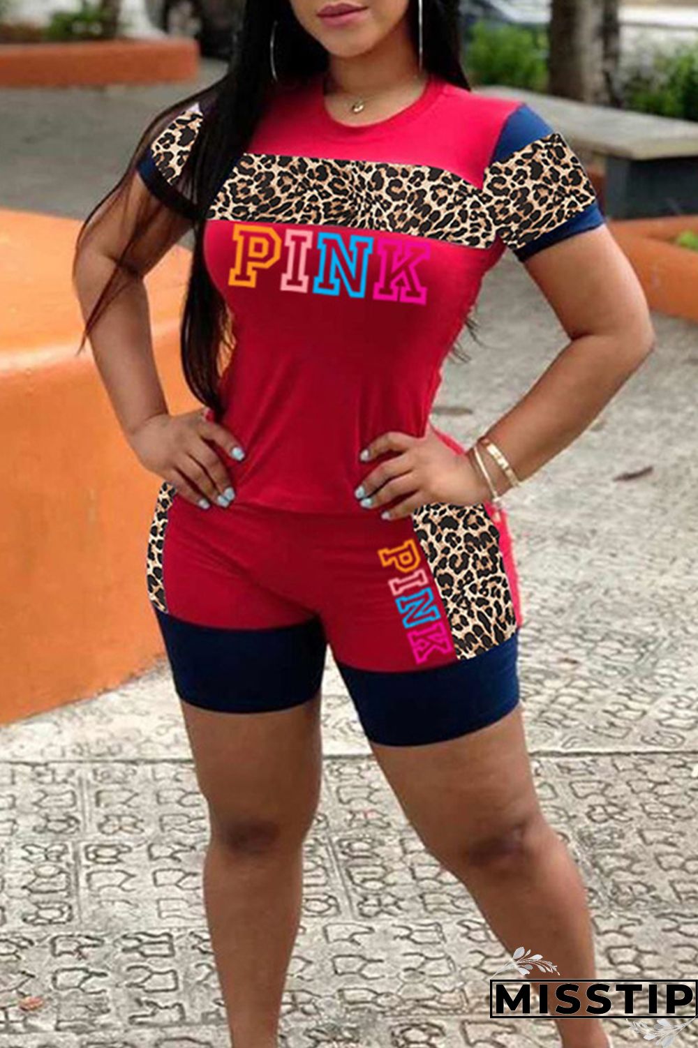 Black Fashion Casual Letter Print Leopard Patchwork O Neck Short Sleeve Two Pieces