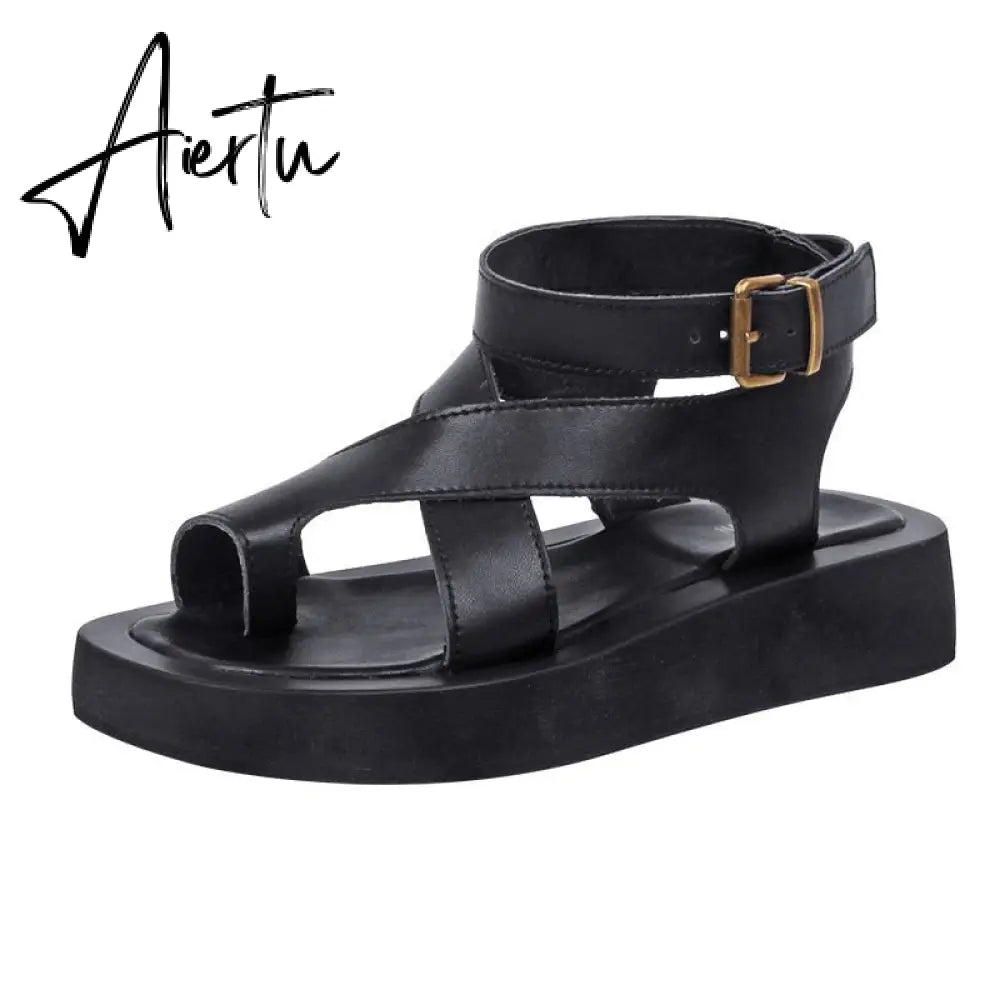 Aiertu Sandals Women Genuine Leather Summer New Clip Toe Sandals Ladies Roman Women Shoes Muffin Sandals Aiertu