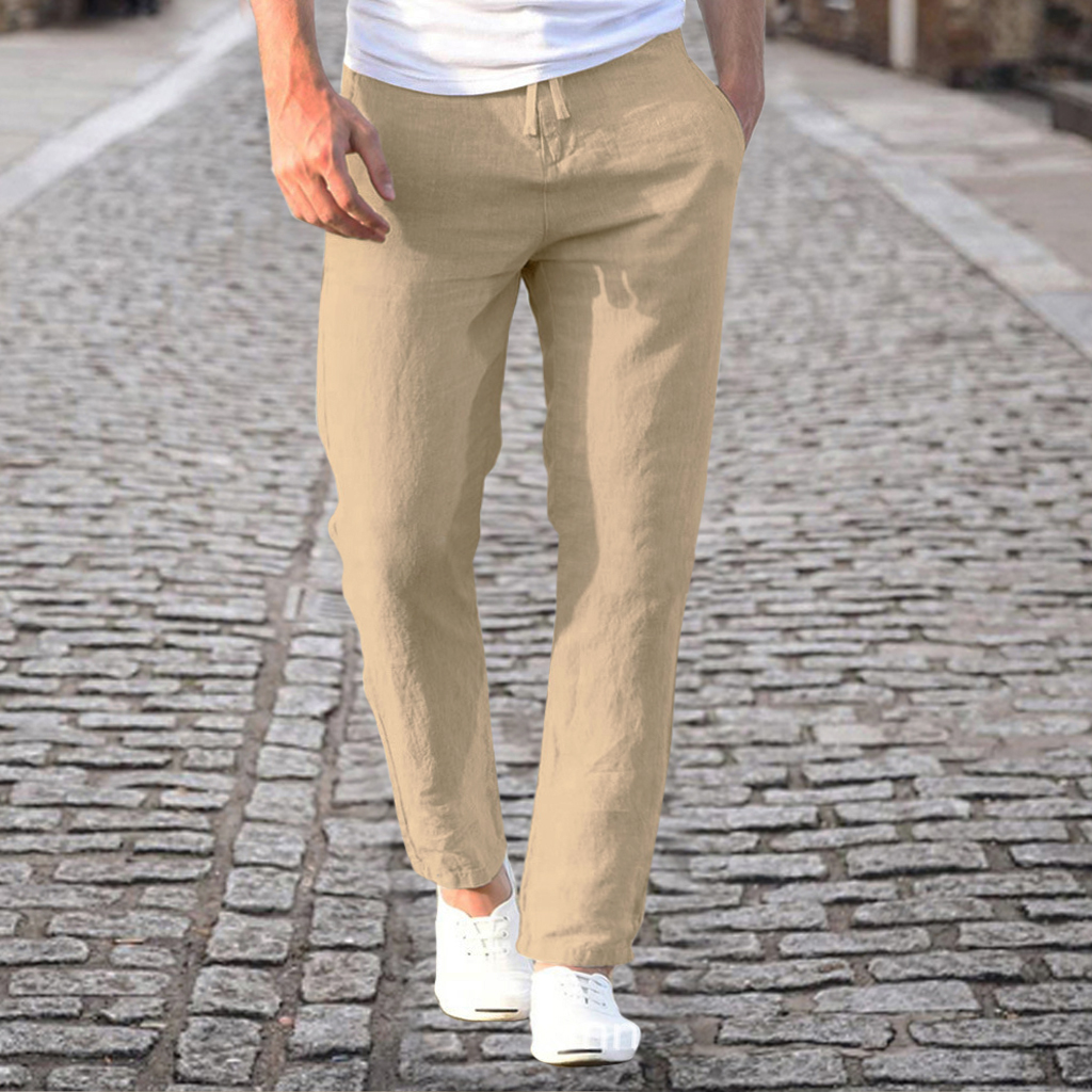 Men's Linen Slim Fit Solid Color Lace Up Elastic Waist Pants