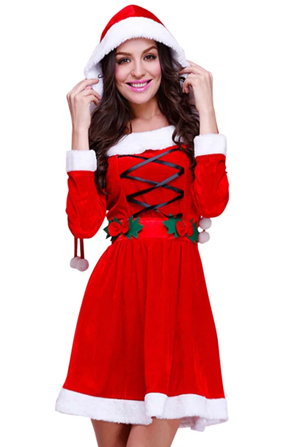 Womens Hooded Fur Trim Long Sleeve Lace Up Christmas Santa Costume Red-elleschic