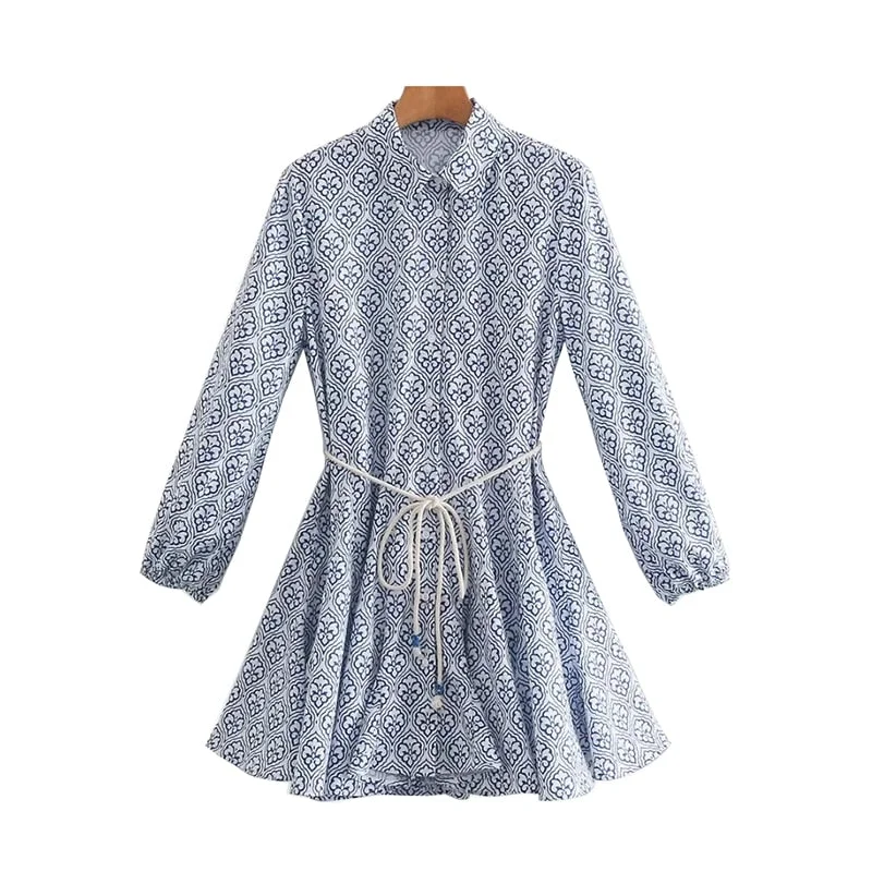 TRAF Women Chic Fashion WIth Belt Printed Ruffled Mini Dress Vintage Long Sleeve Button-up Female Dresses Vestidos
