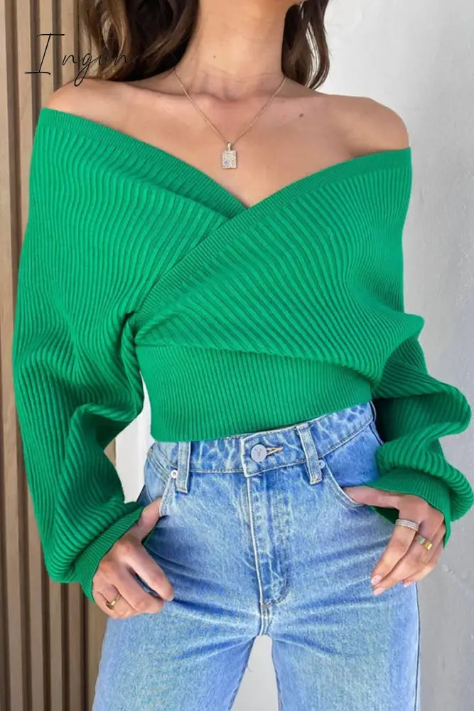 Ingvn - Sexy Simplicity Solid Fold V Neck Tops Green / S Tops/Sweaters & Cardigans