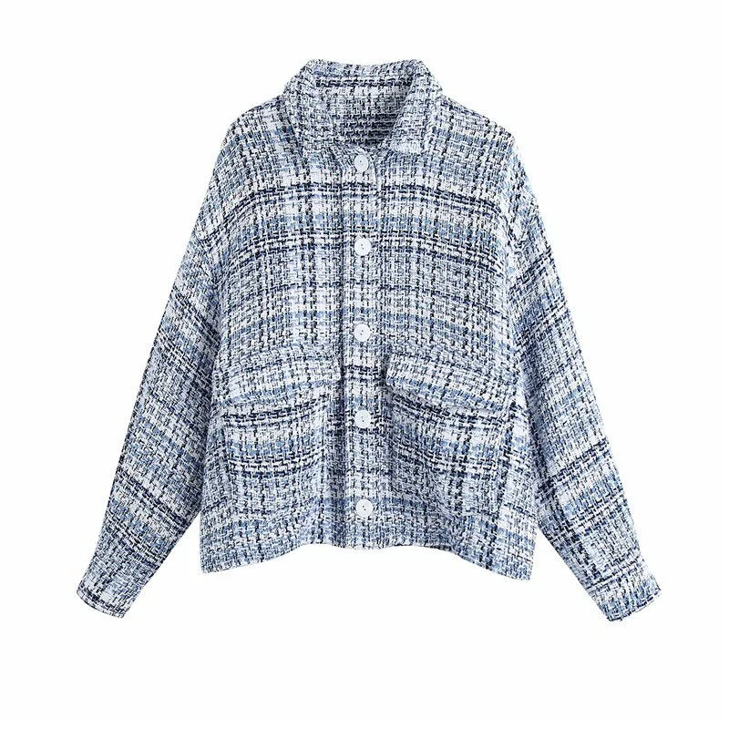 Spring Blue Plaid Tweed Blazer Vintage Office Ladies Uniform Outfit Veste Chic Tops Za 2021 Women Abrigos Mujer Jacket Coat New