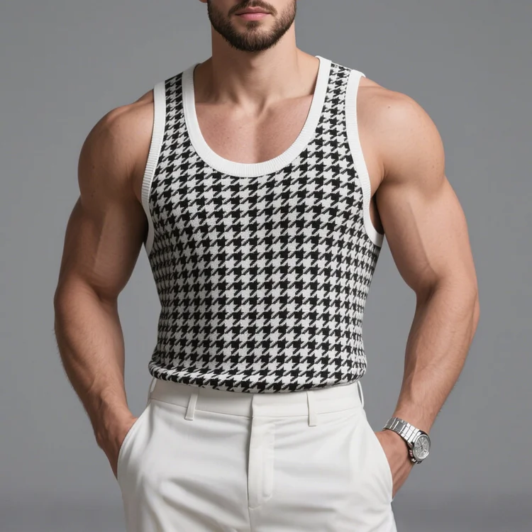 Okaywear Houndstooth Pattern U Neck Sleeveless Tank Top Okaywear