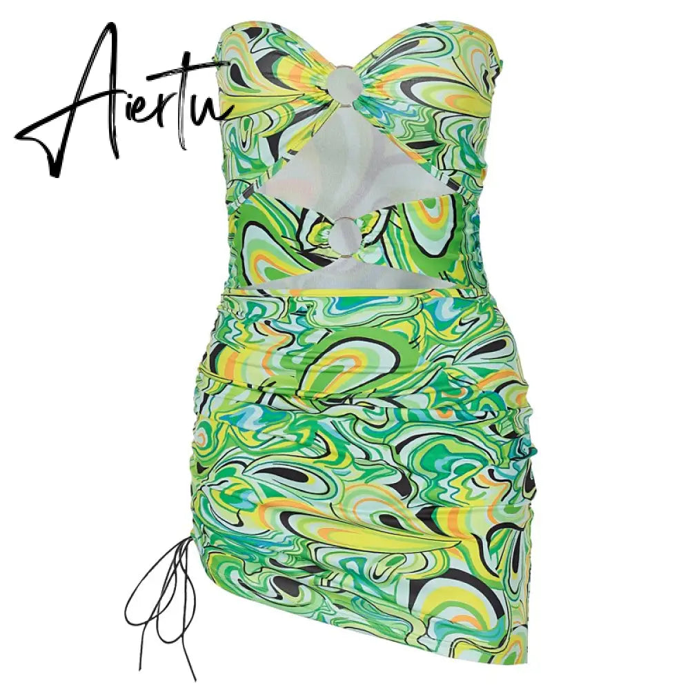 Aiertu Print Sleeveless Bodycon Halter Hollow Out Sexy Top Mini Dress Set Summer Women Fashion Streetwear Outfits Y2K Aiertu