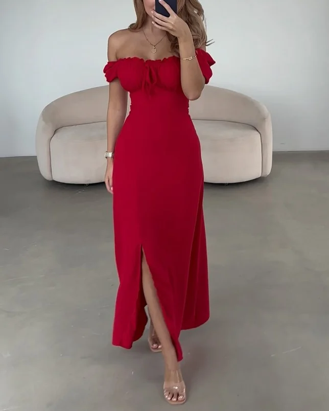 Off-shoulder puff sleeve slit dress