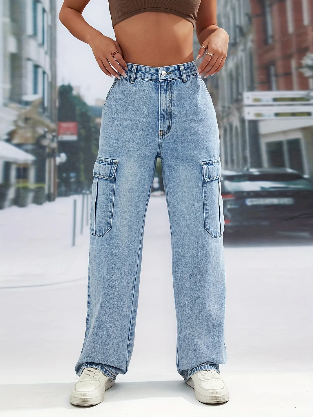 Women's Ins Large Pocket High Waist Casual Straight Denim Jeans