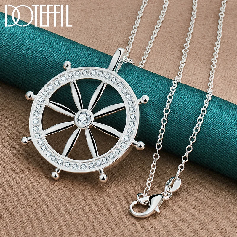 DOTEFFIL 925 Sterling Silver AAA Zircon Round Pendant Necklace 16-30 Inch Chain For Woman Jewelry