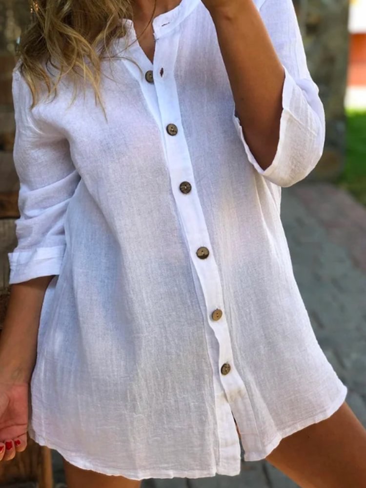 Round Neck Button-Up Casual Blouse