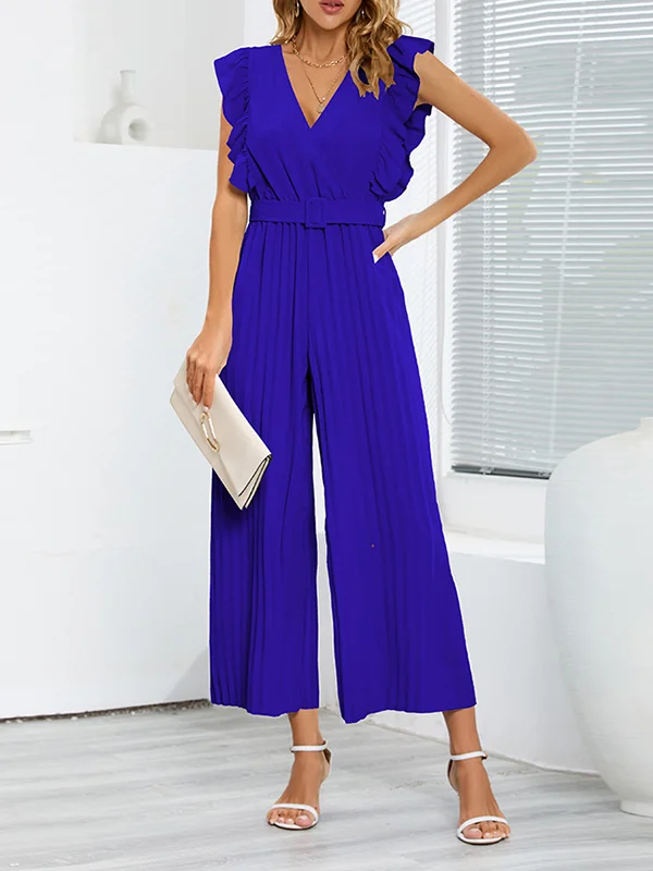 Belted Pleated Ruffled Solid Color High Waisted Loose V-Neck Jumpsuits