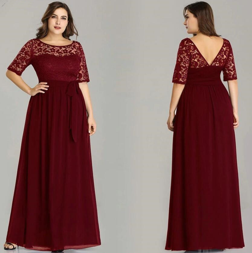 Gorgeous Half Sleeve Lace Long Chiffon Plus Size Evening Gowns Online