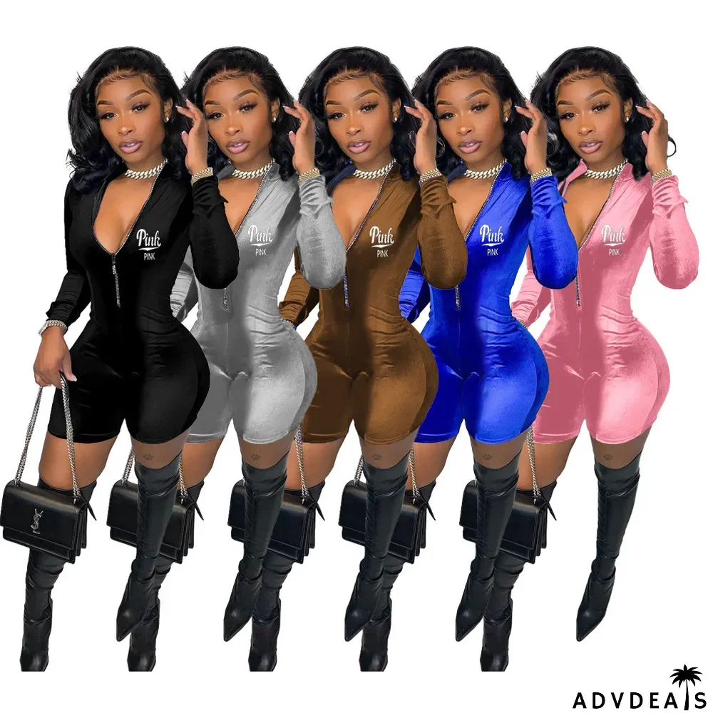 Velvet PINK Letter Print Zipper Long Sleeve Rompers