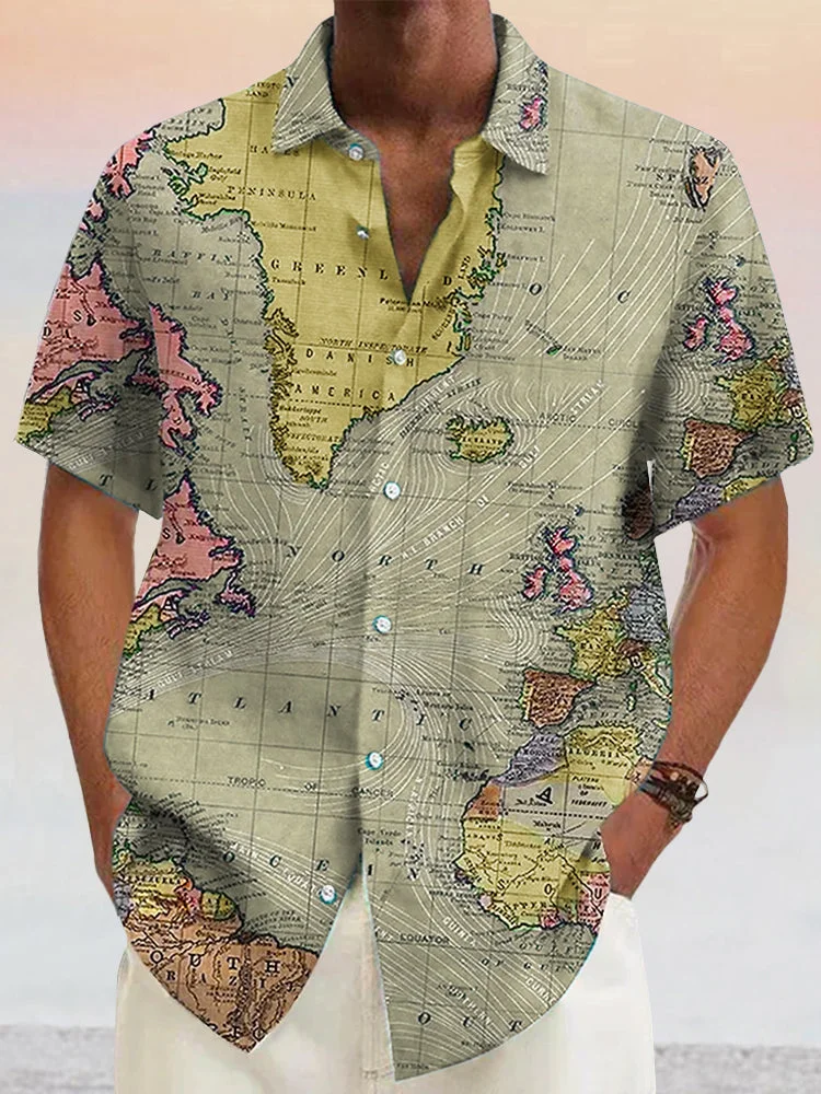 Stylish Map Pattern Cotton Linen Shirt