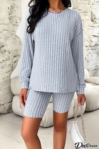 Ribbed Round Neck Dropped Shoulder Top and Shorts Set