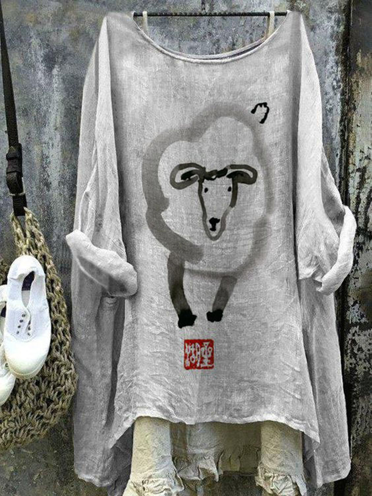 Comstylish Vintage Farm Sheep Crew Neck Linen Blend Casual Tunic
