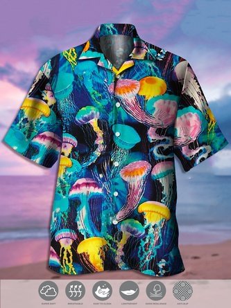 Jellyfish Print Hydrocool Fabric Quick Dry Casual Breathable Short Sleeve Shirt