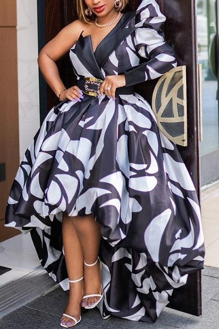 Xpluswear Plus Size Formal One Shoulder All Over Print Puff Sleeve Flower Bud A-line Elegant Maxi Dress (With Transparent Shoulder Strap )