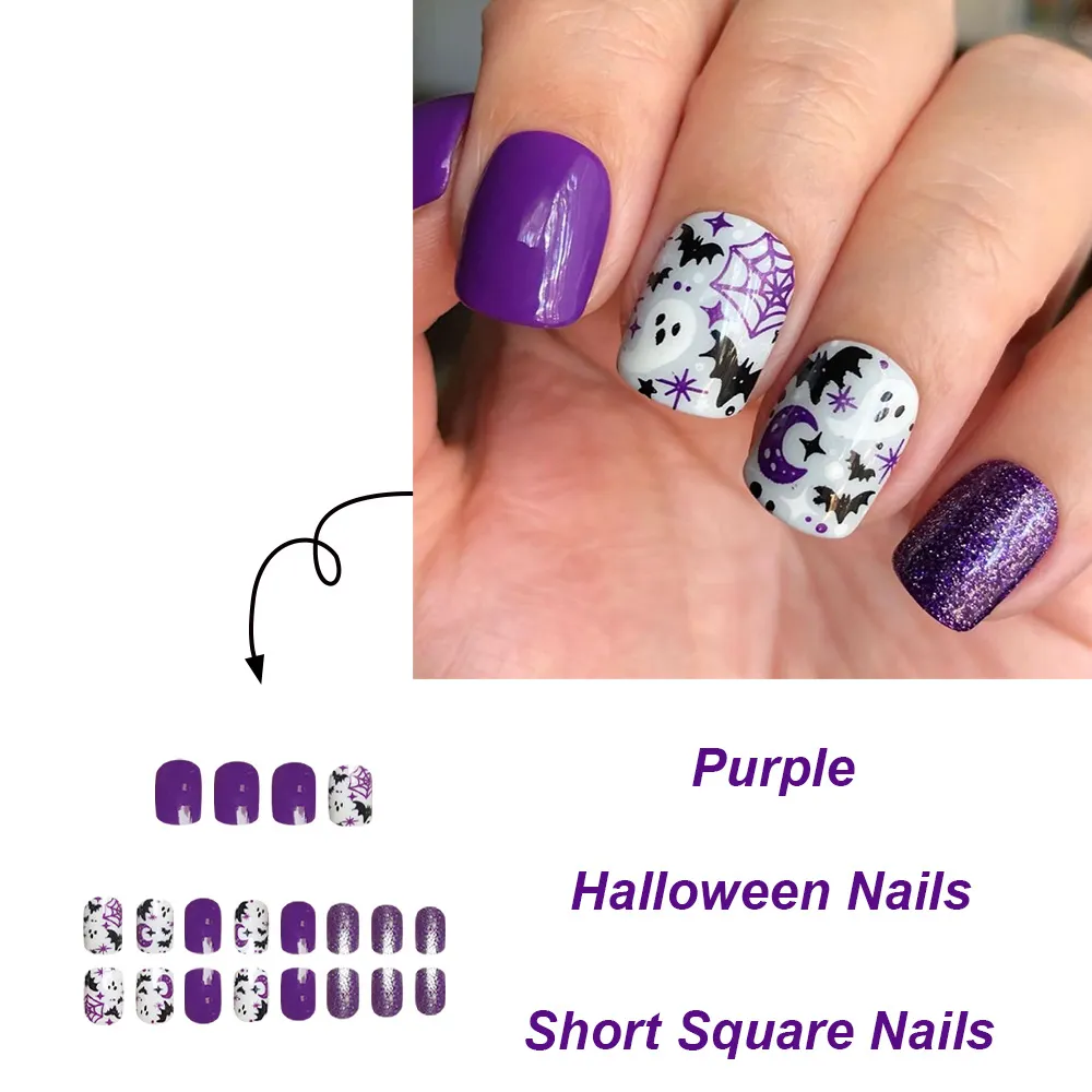 Churchf Short Square Nail Purple Flash Pink Ghost Spider Web Halloween Element Fake Nail Products Wear Nail Holiday Nail