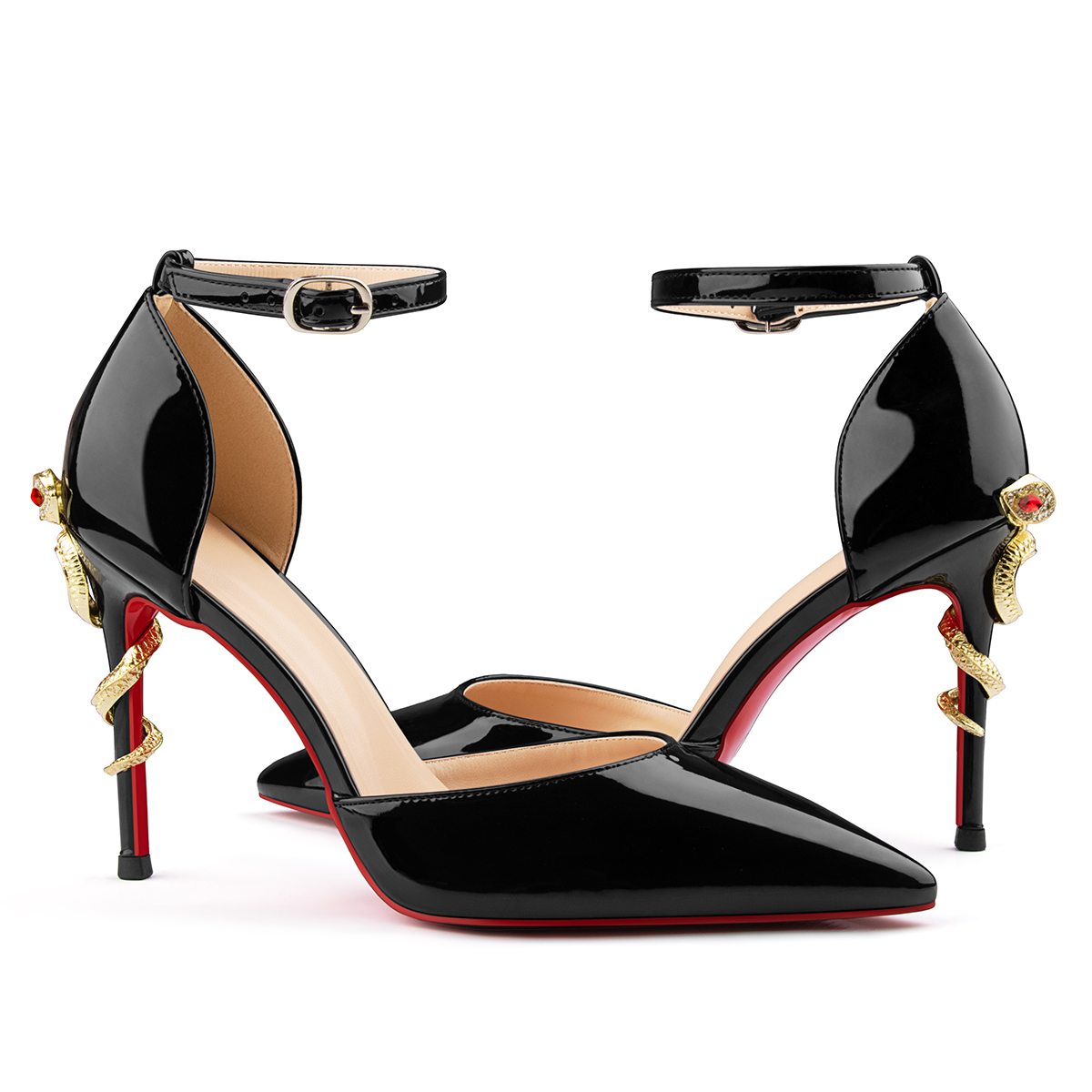 100mm Women's Ankle Strap Pointed Toe Pumps Wedding Party Red Bottoms Stiletto Shoes Special Snake Heels Shoes-MERUMOTE