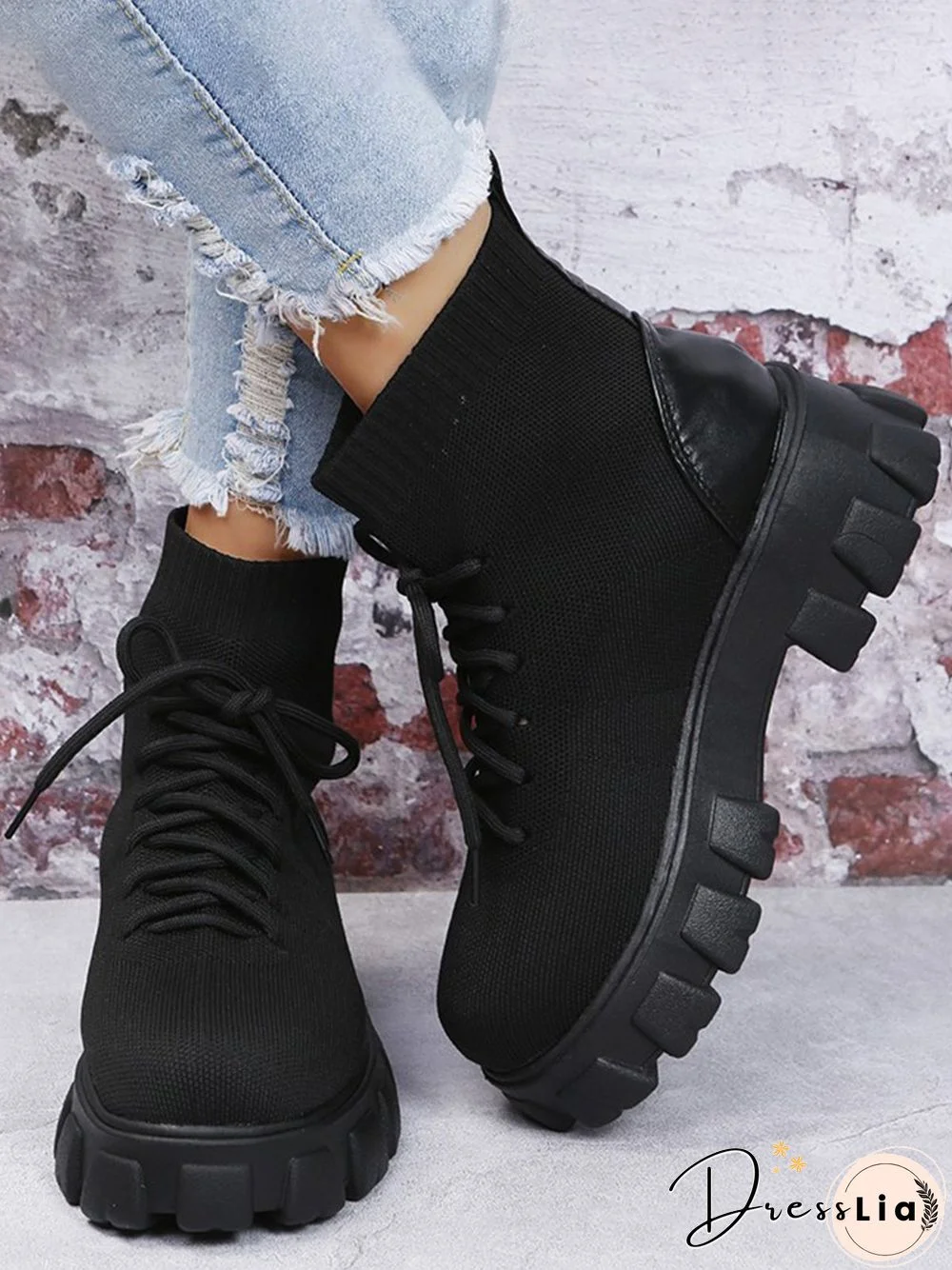 Versatile Platform Lace-Up Casual Black Short Flyknit Sock Boots