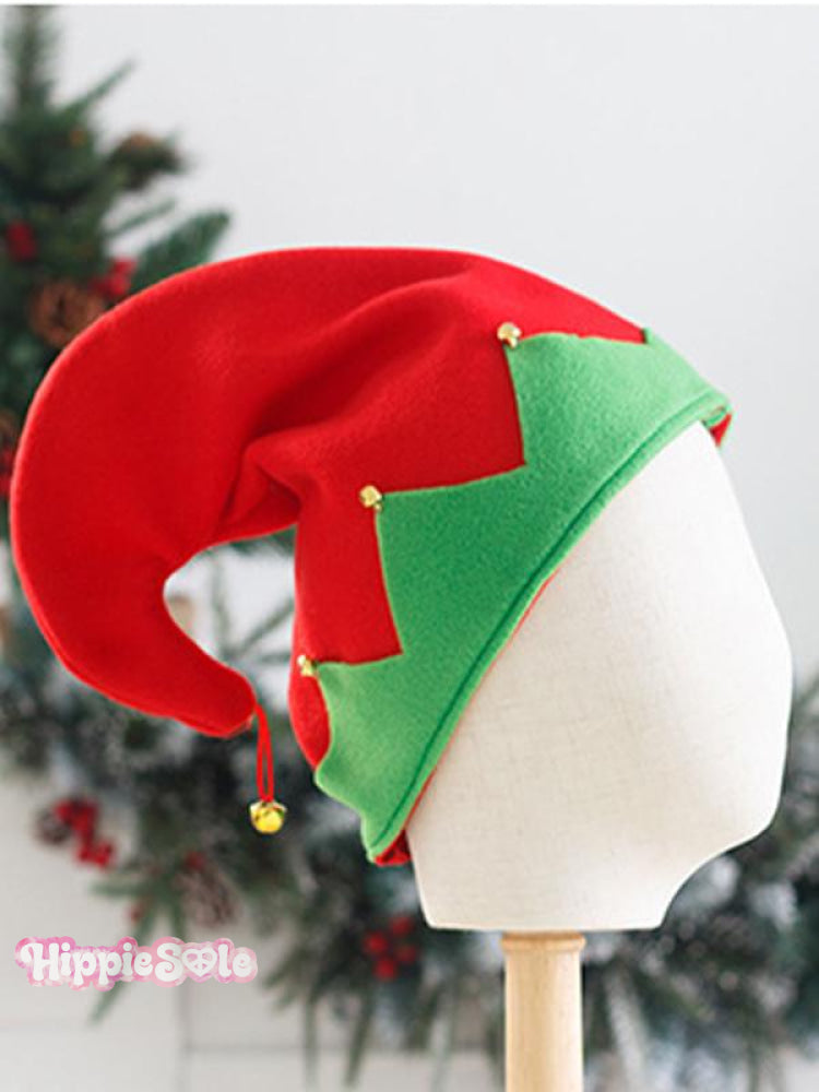 Christmas Elf Hat Red And Green Flannel Bell Holiday Party Headdress / 32*31Cm