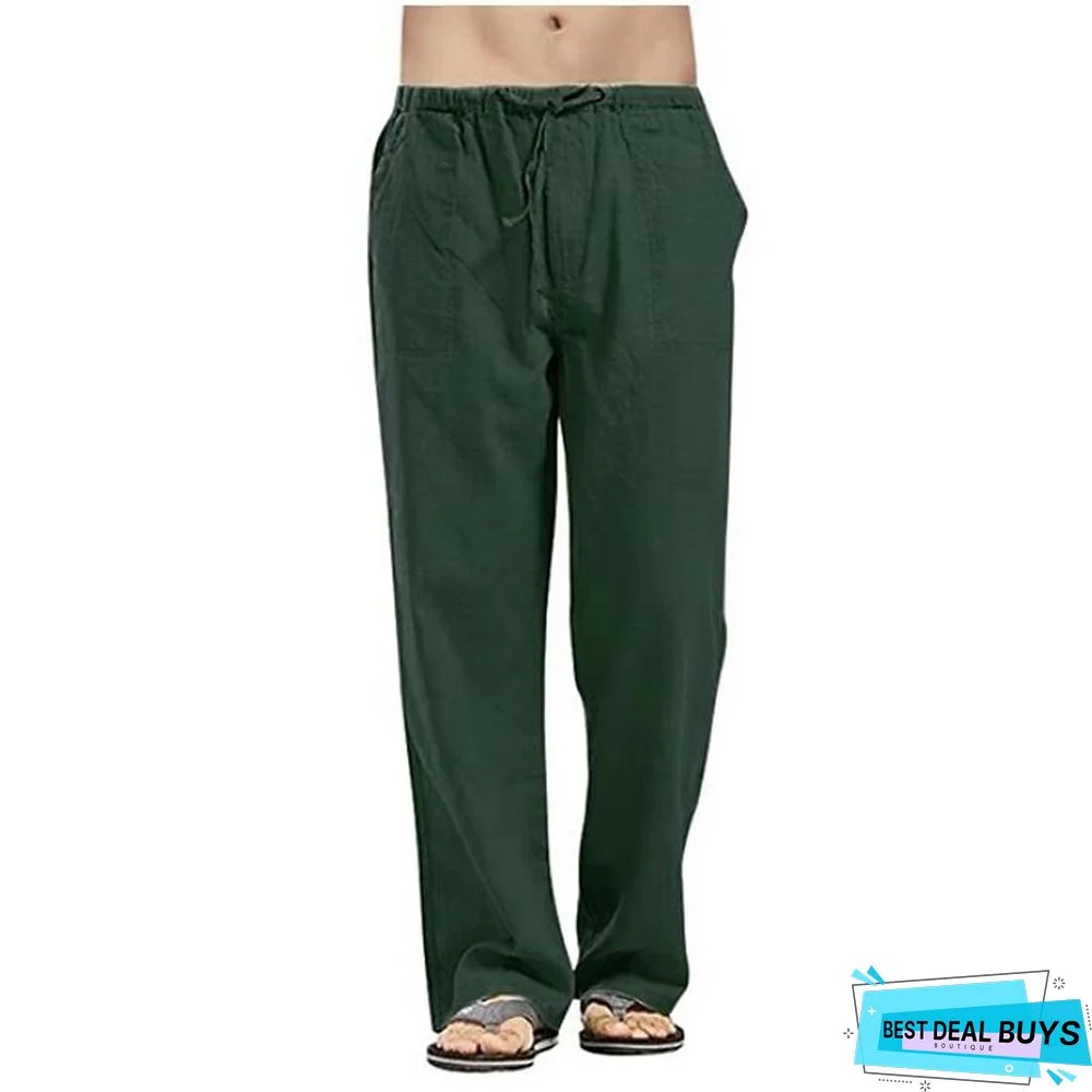 Men's Linen Pants Trousers Summer Pants Beach Pants Wide Leg Plain Breathable Full Length Work Daily Beach Linen / Cotton Blend Fashion Casual Loose Fit Black White