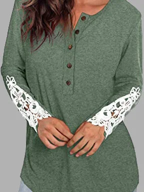 Women's Lace Stitching Button Solid Color Scoop Neck Long Sleeve Top