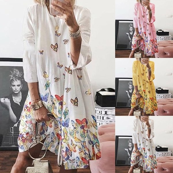 Women Butterfly Printed Bohemian Beach Dress Round Neck Long Sleeve Maxi Vestido Plus Size - Life is Beautiful for You - SheChoic