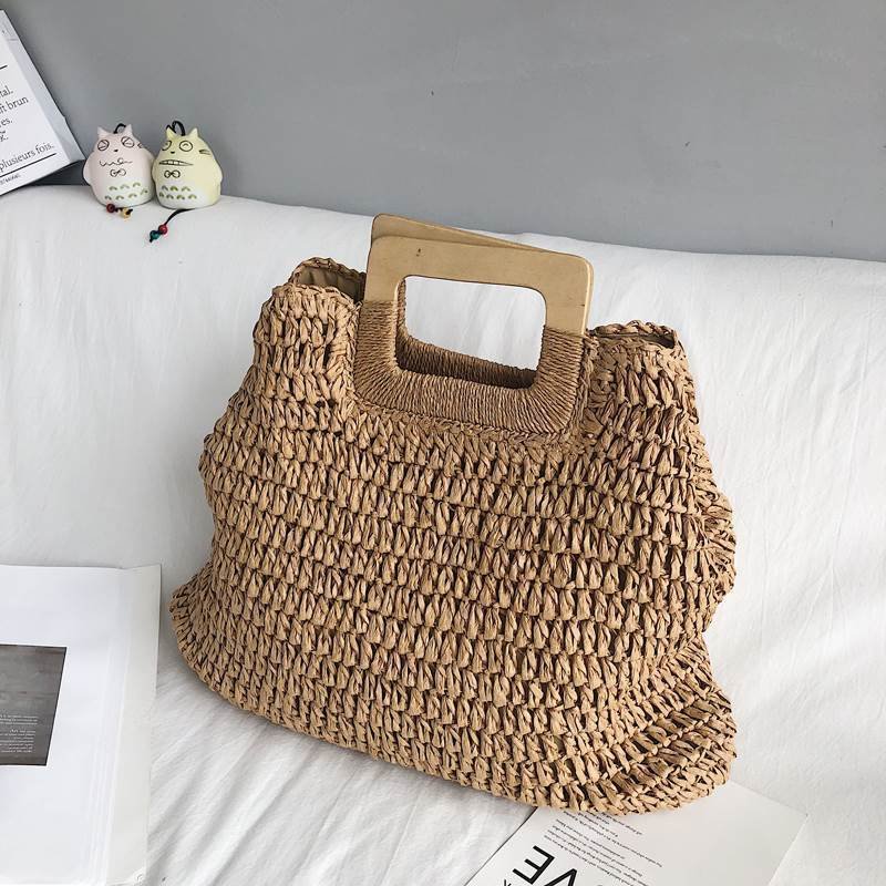 Ladies square wooden handle large capacity straw woven handbag