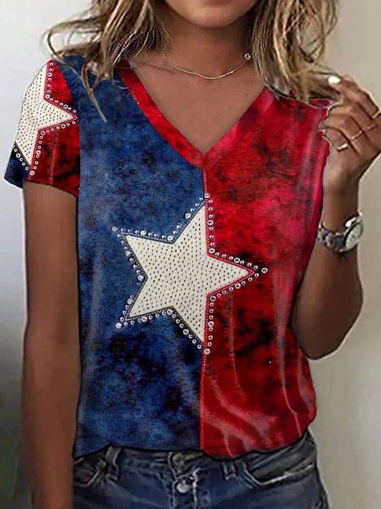 Comstylish Women's Independence Day American Flag Patchwork Print V-Neck T-Shirt