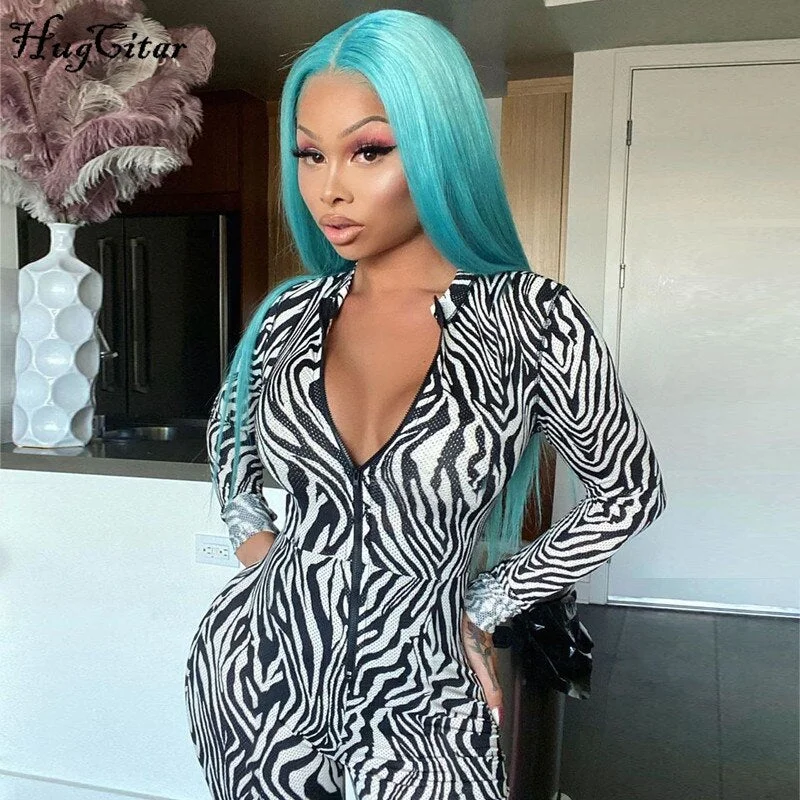 Hugcitar 2020 Zebra Print Mesh Zip Up Sexy Jumpsuit Autumn Winter Women Fashion Streetwear Outfits Stretchy Romper