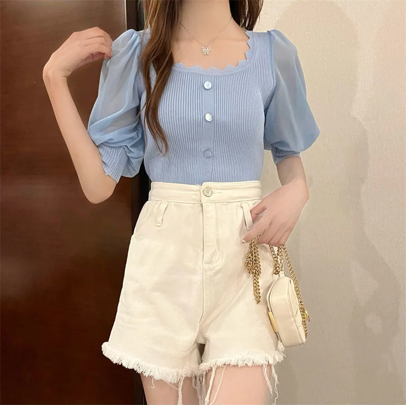 Uveng Uveng Korean Version Of The Small Fragrant Collarbone Design Shirt Short Bubble Sleeve Ice Silk Knitted Short-Sleeved T-Shirt Tide