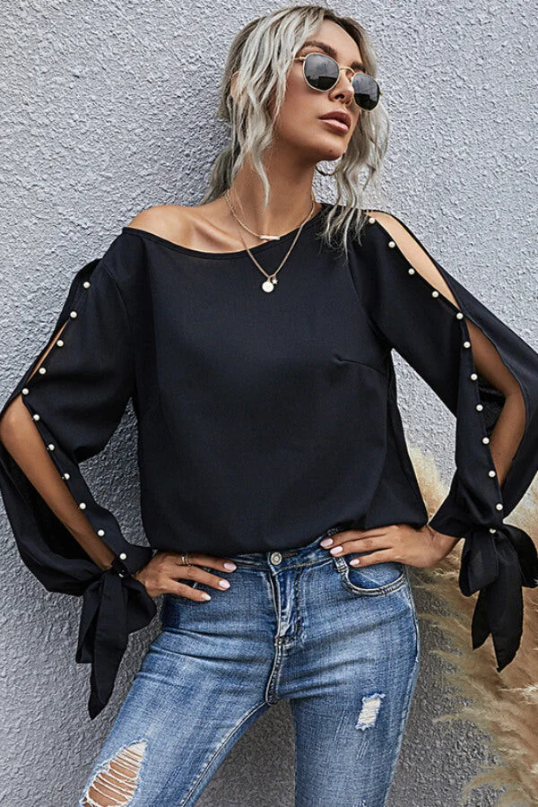 Fashion Pearl Decorate Slit Sleeve Top