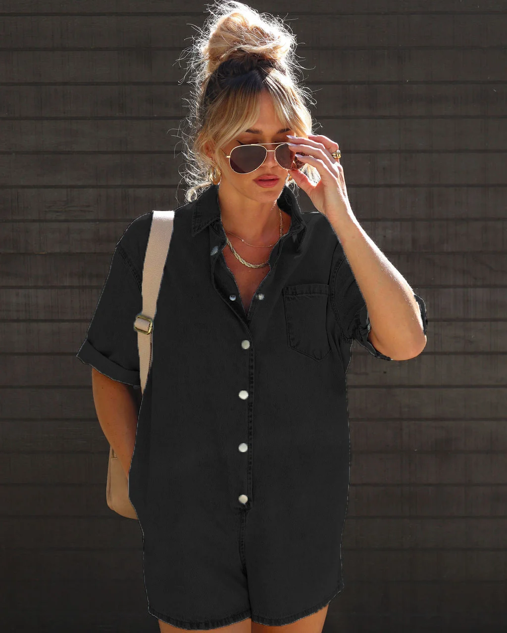 Women's Lapel Short Sleeved Shorts Denim Jumpsuit Denim Romper