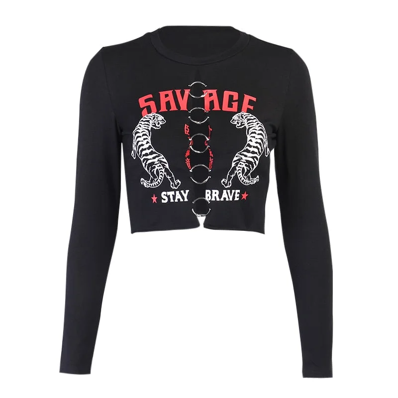 InstaHot Sexy Hollow Out T Shirt Women Tee Top Long Sleeve Gothic Punk Letter Printed Crop Top Autumn Streetwear Slim Female