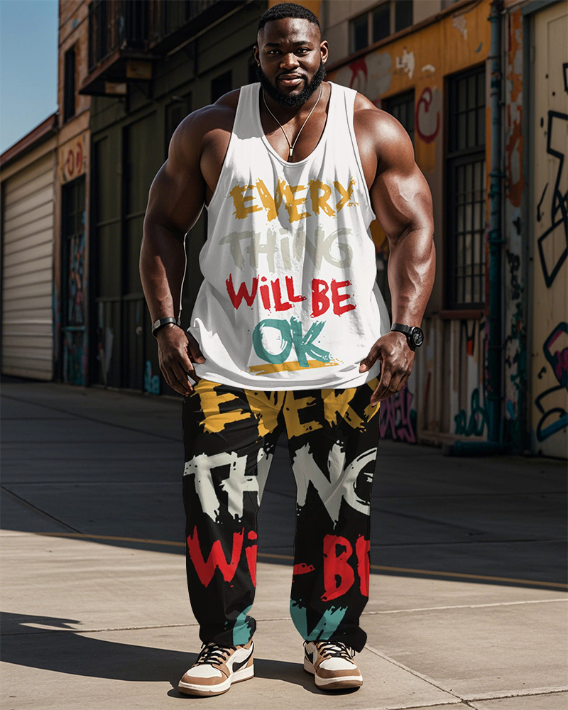 Men Plus Size Street Fashion Graffiti Color Letter Print Vest Trousers Suit