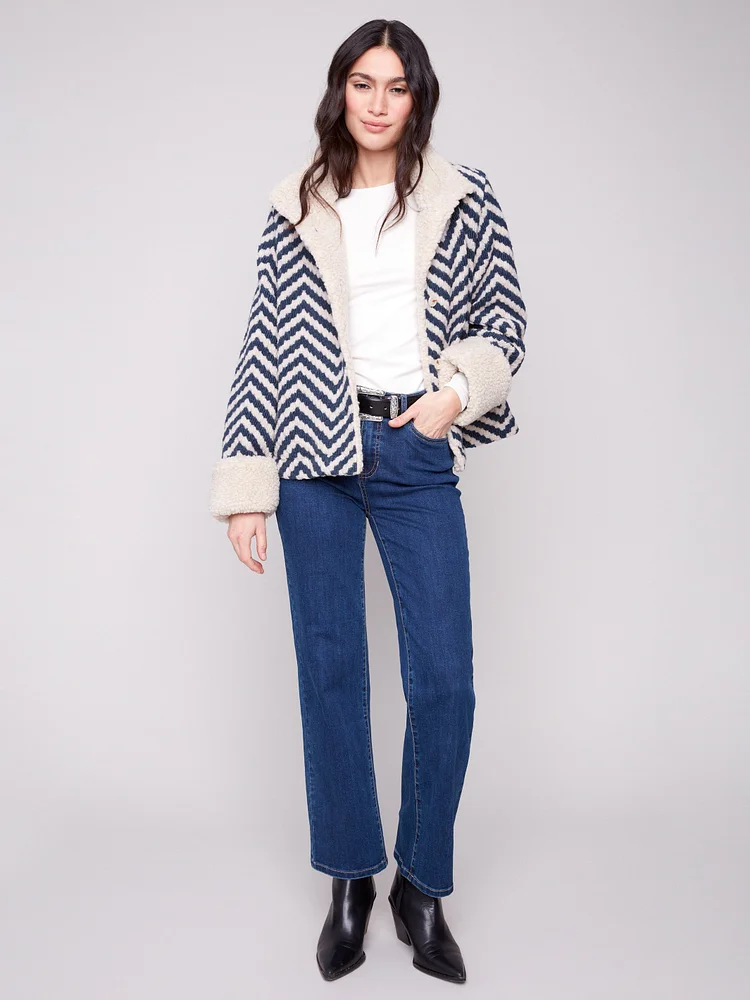 Chevron Boucl&eacute; Short Jacket With Sherpa Trim - Navy