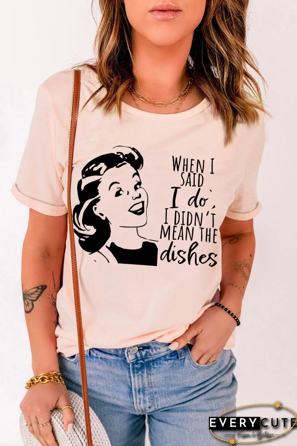 Pink Funny Letters Figure Print Short Sleeve Graphic Tee