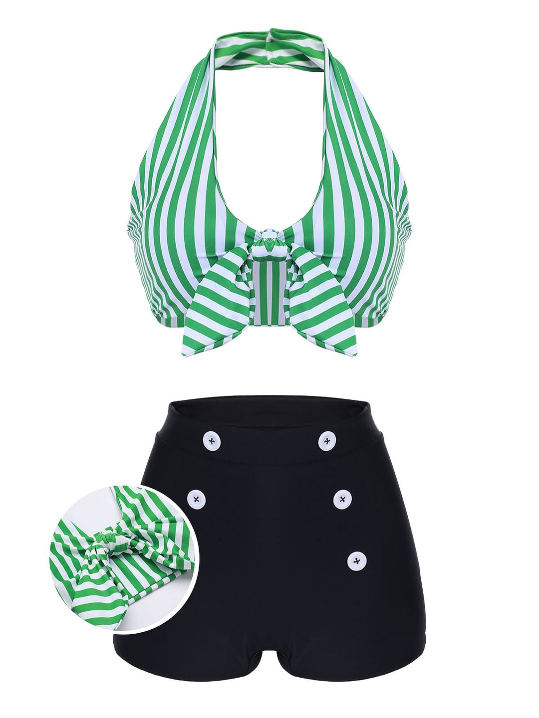 Green Retro Halter Stripes Bikini Set