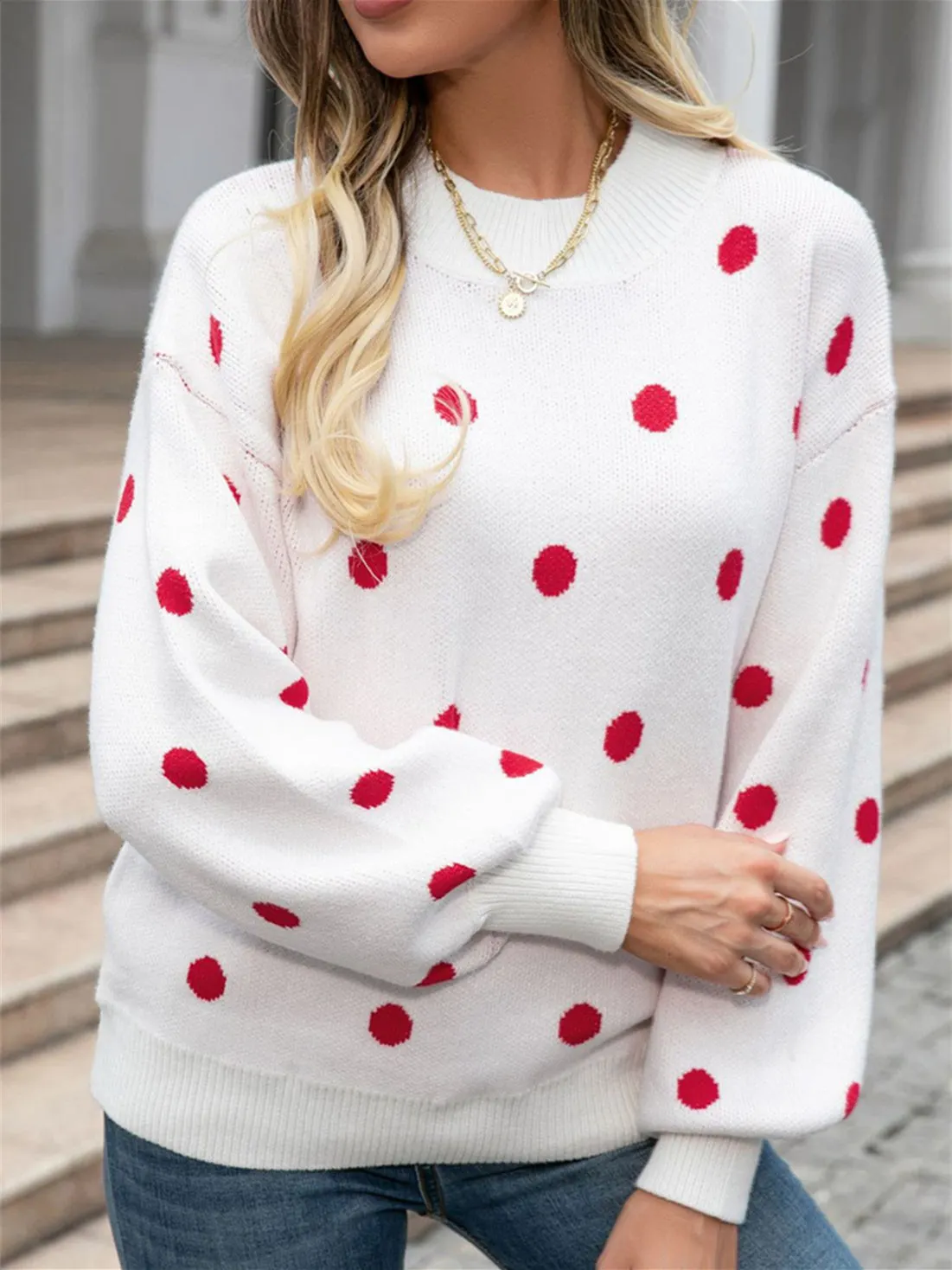 Women's Polka Dot Stitching Solid Color Long Sleeve Scoop Neck Top