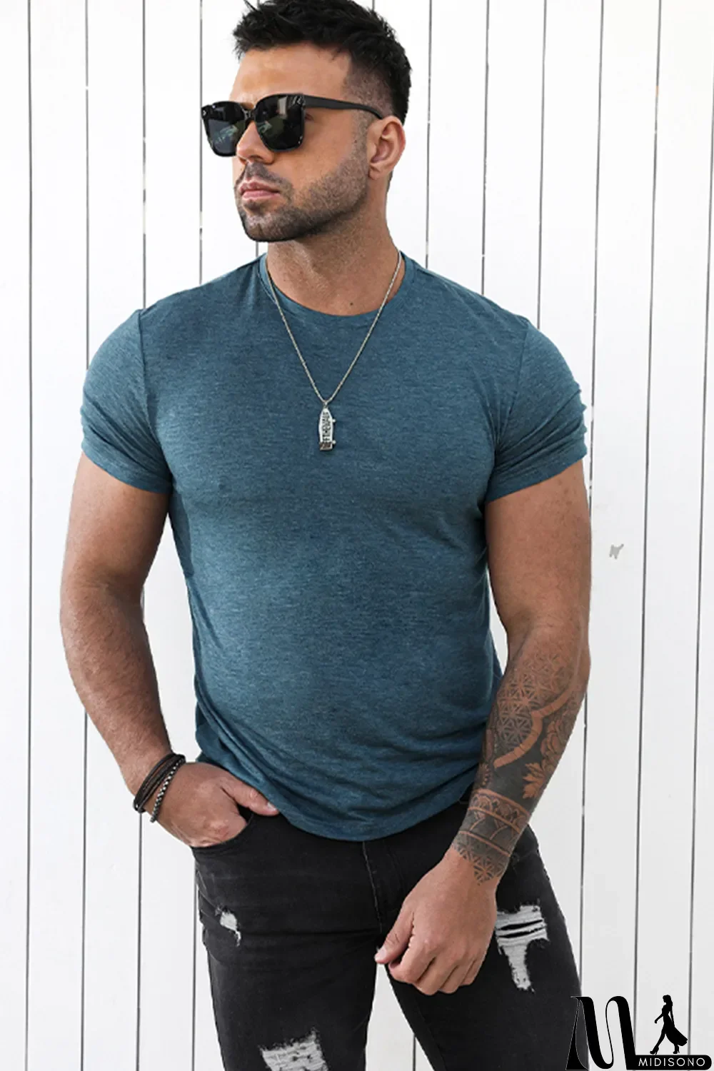 MidiSono - Blue Solid Basic Crewneck Short Sleeve Men's T-shirt