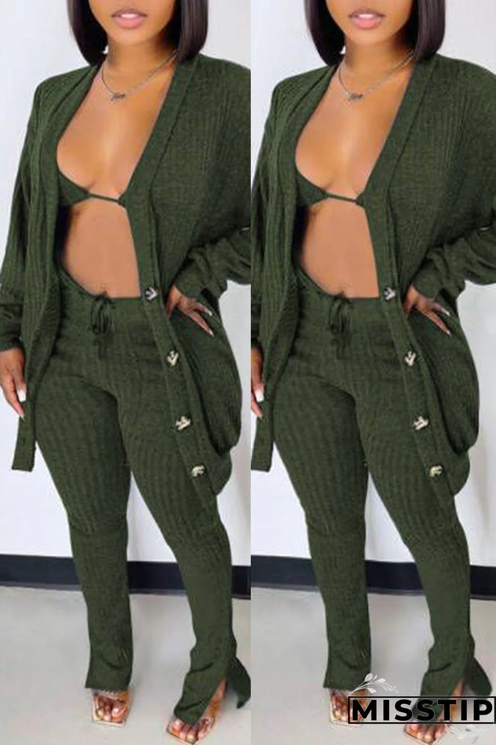 Blue Fashion Casual Solid Cardigan Vests Pants Long Sleeve Three-piece Set