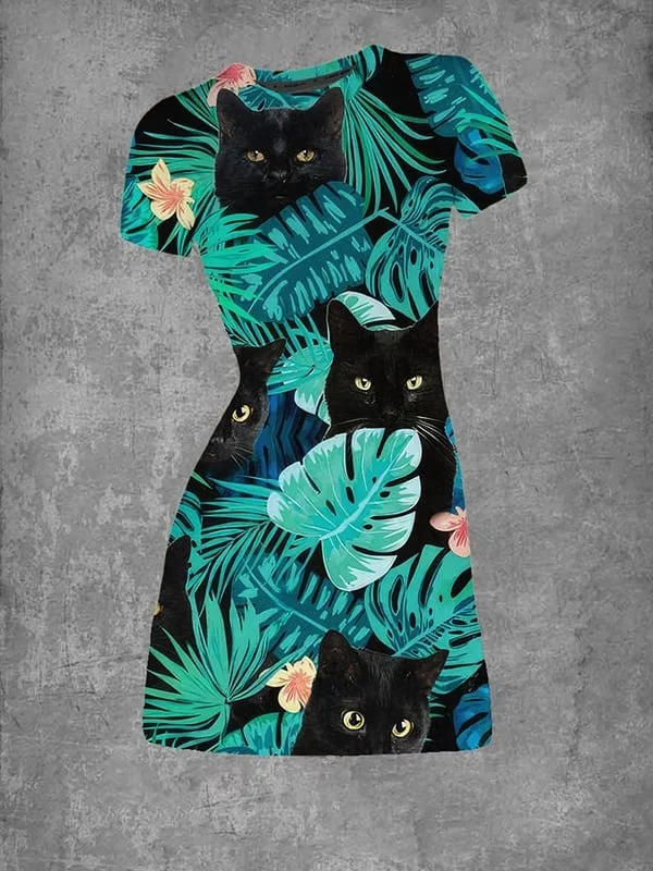 Round Neck Retro Tropical Plants And Black Cat Print Dress