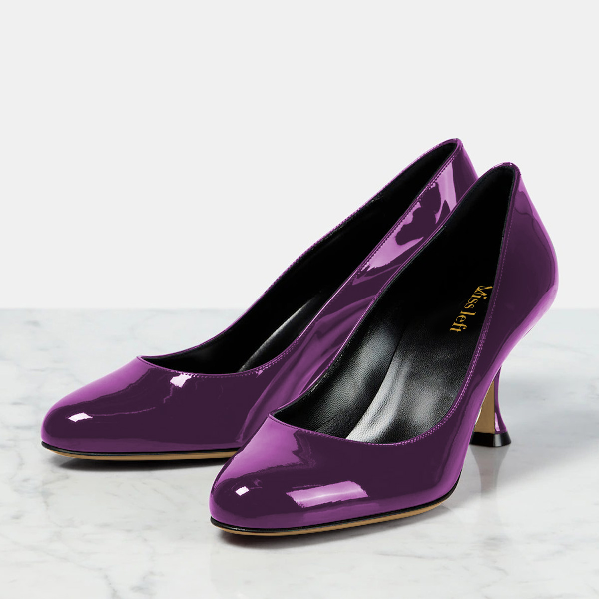 Patent Round Toe Spool Heel Slip-On Pumps for Women in Purple Nicepairs