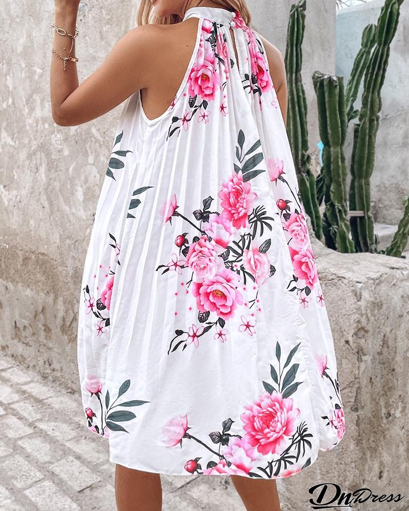 Floral Print Halter Casual Pleated Dress