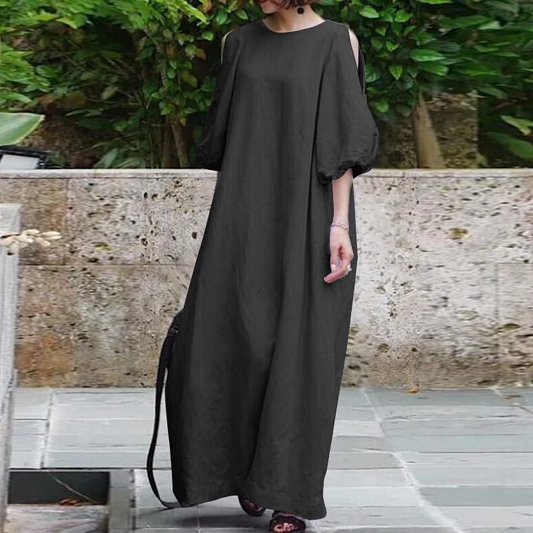 Solid Crew Neck Off-The-Shoulder Maxi Dress