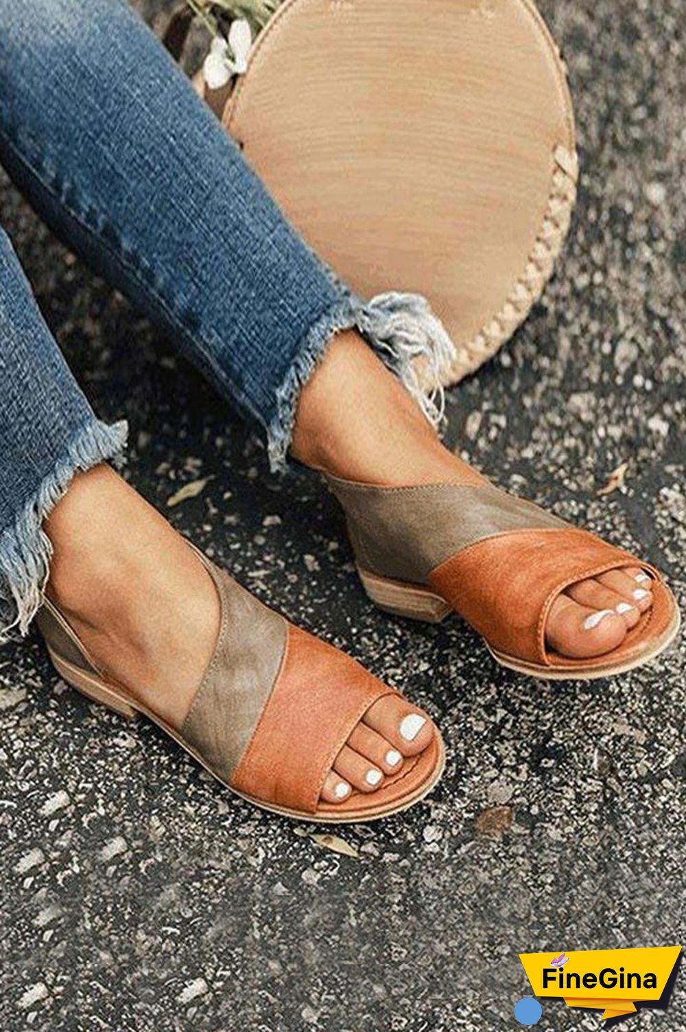 Peep Toe Stacked Flat Sandals