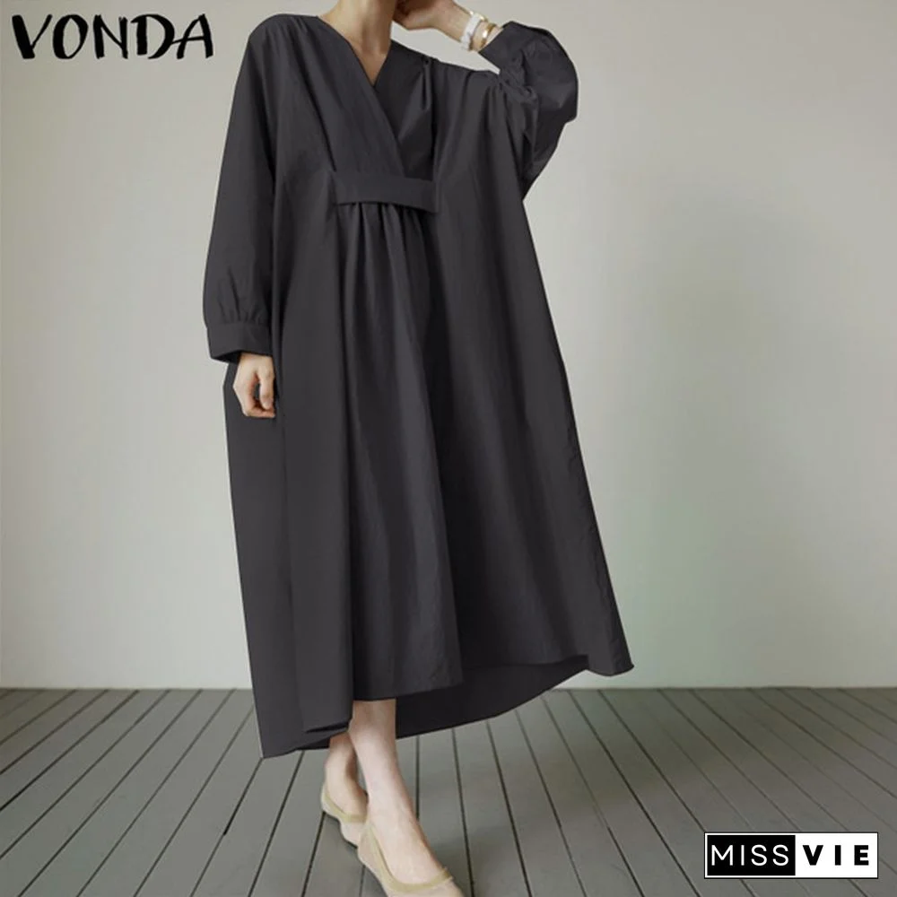 VONDA Casual Black Oversized Maxi Dress Loose Solid Color Autumn Fashion Women's Kaftan Dress